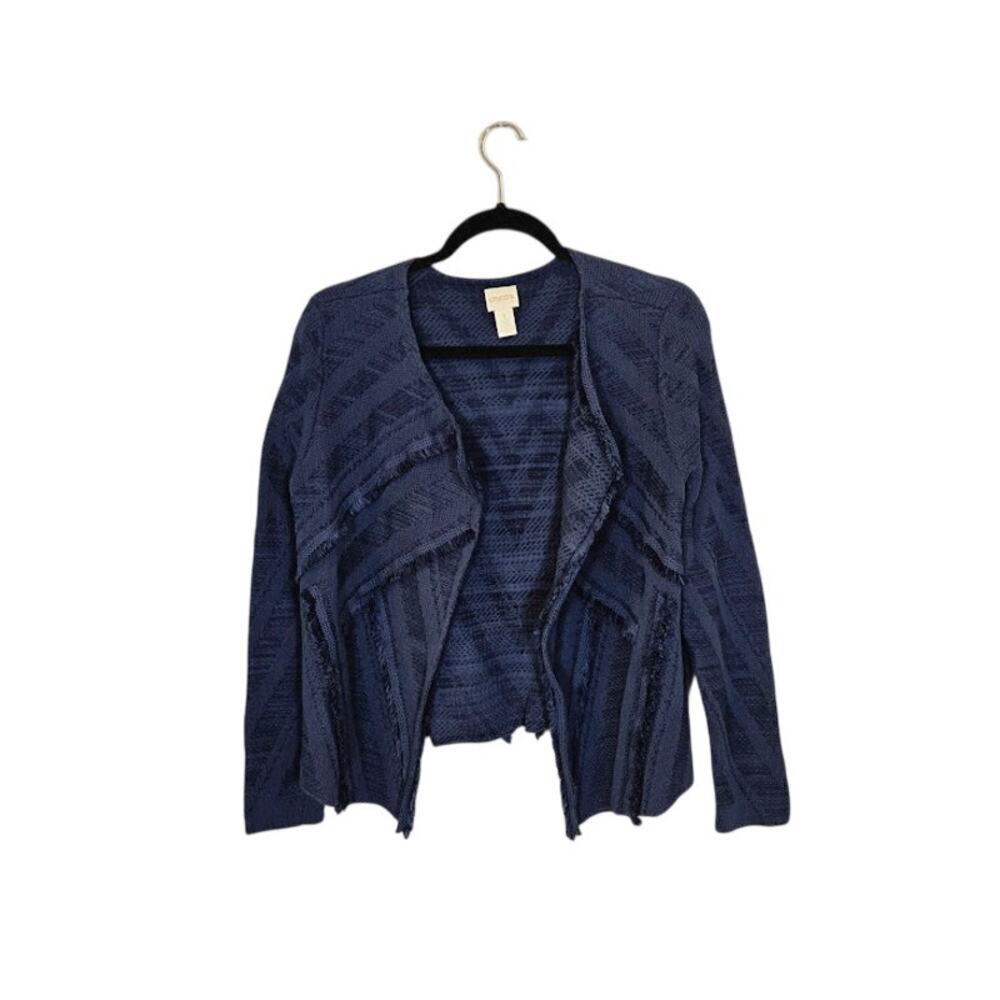 Chico's Womens Cardigan Sweater Size Medium Blue Fringe Preppy Lagenlook Western